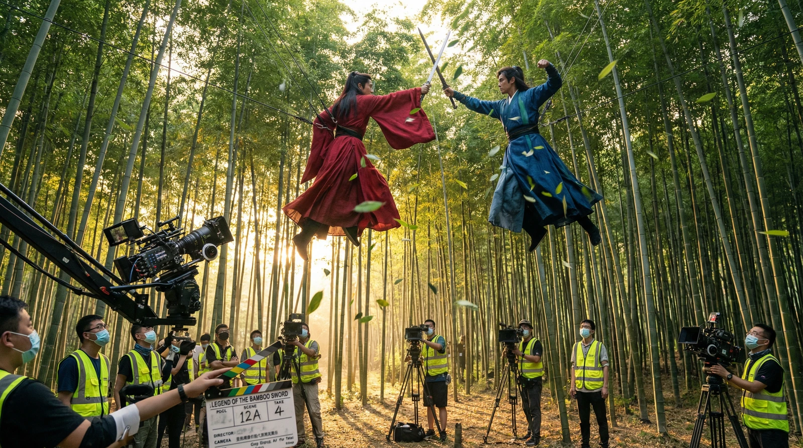 日本三级武侠动作片竹林对决拍摄现场